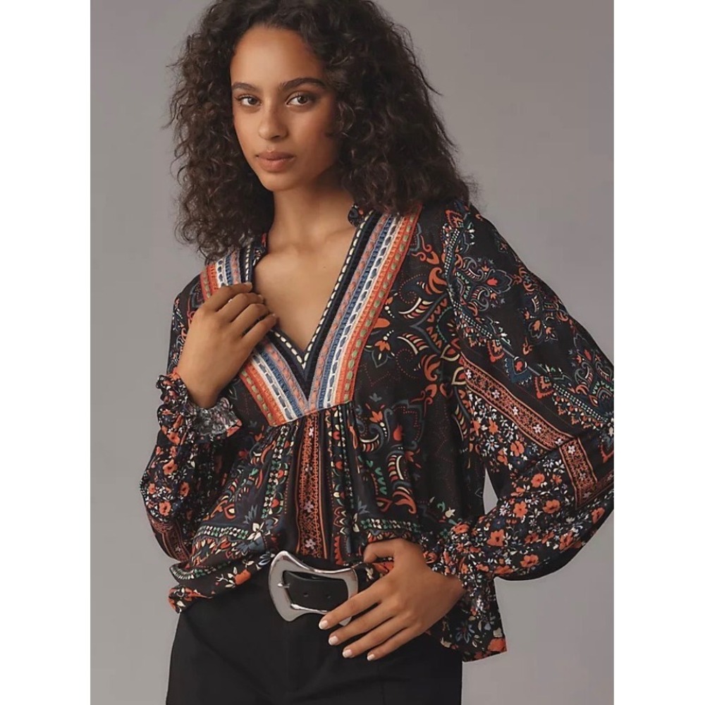 Anthropologie Blank London Boho Mixed Floral Paisley Embroidered V-Neck Blouse L